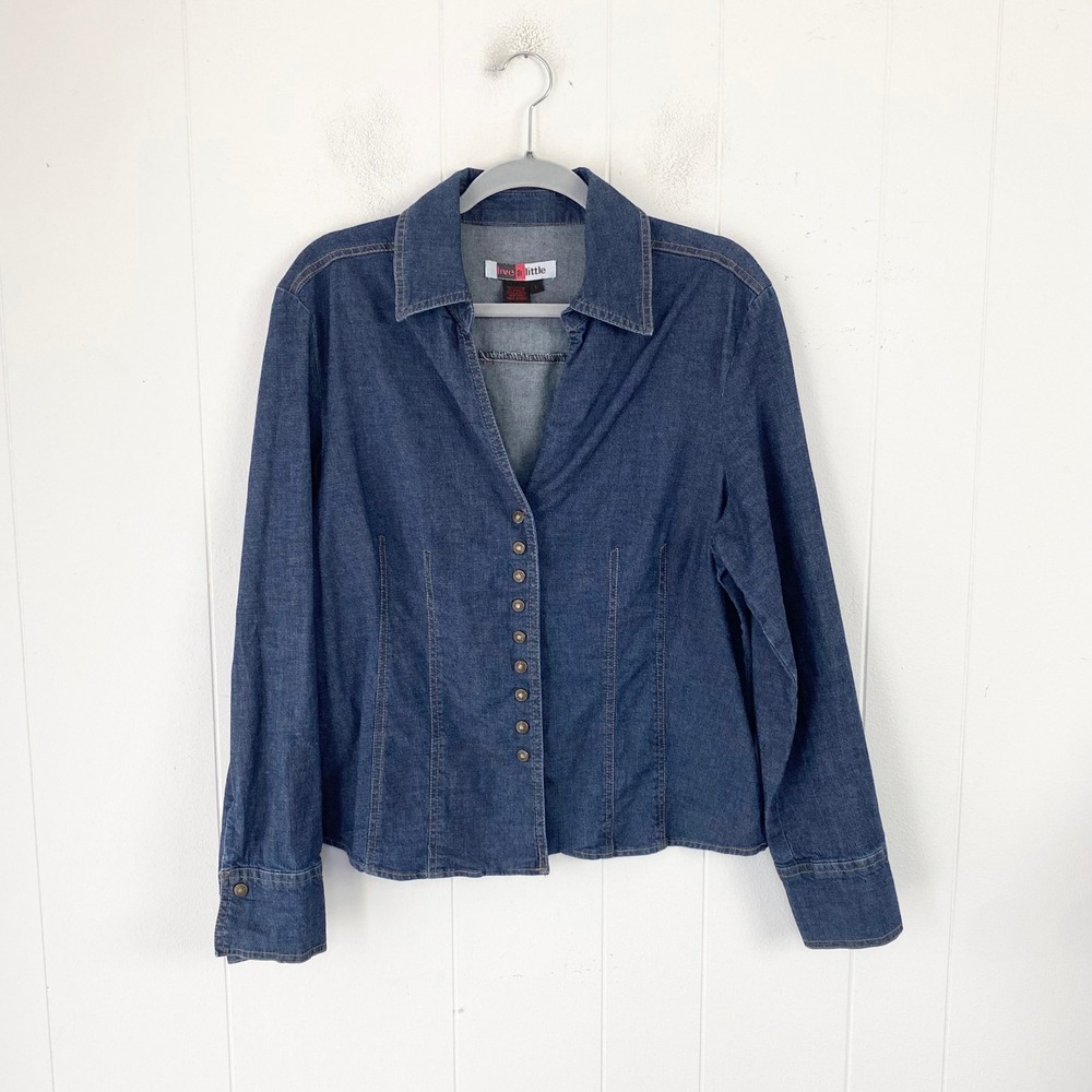 VTG Y2K Live A Little Denim Snap Front Long Sleeve Shirt Blue Women's Sz Large